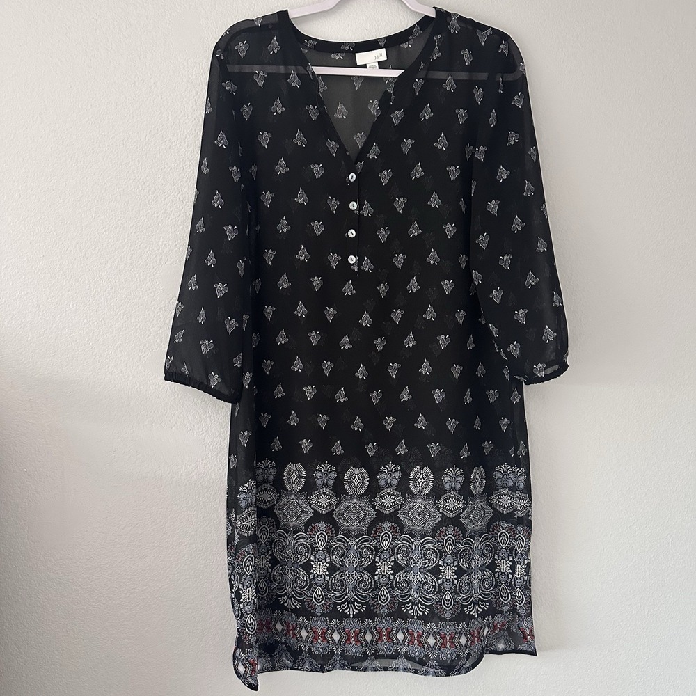 J Jill Size-M Tunic Dress Cover-up‎ Black Henley Chiffon Sheer